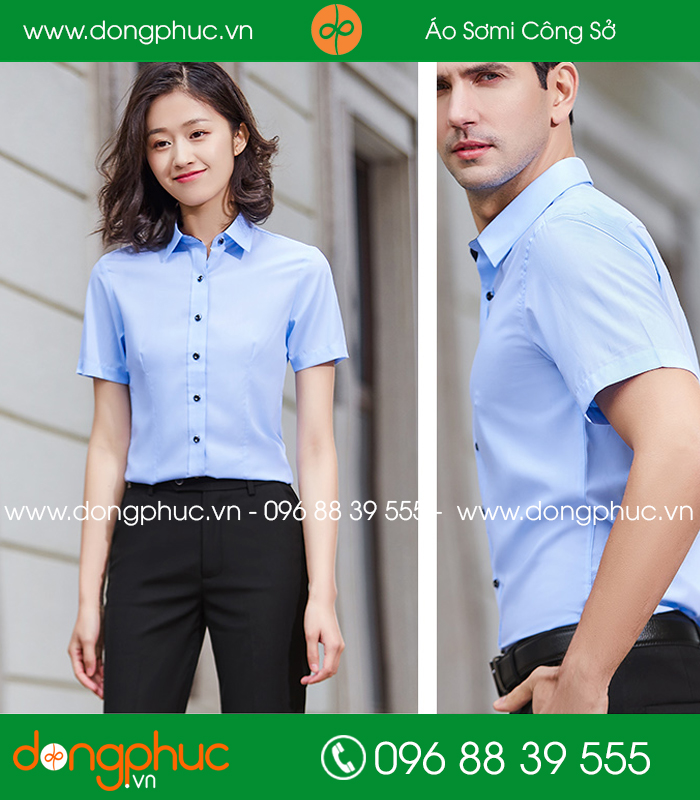 Đồng phục áo sơ mi màu xanh dương cộc tay